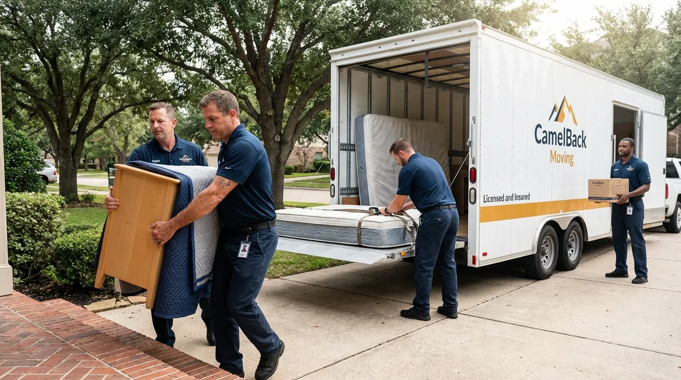 Crew loading residential truck for cross-state move from Benton, LA