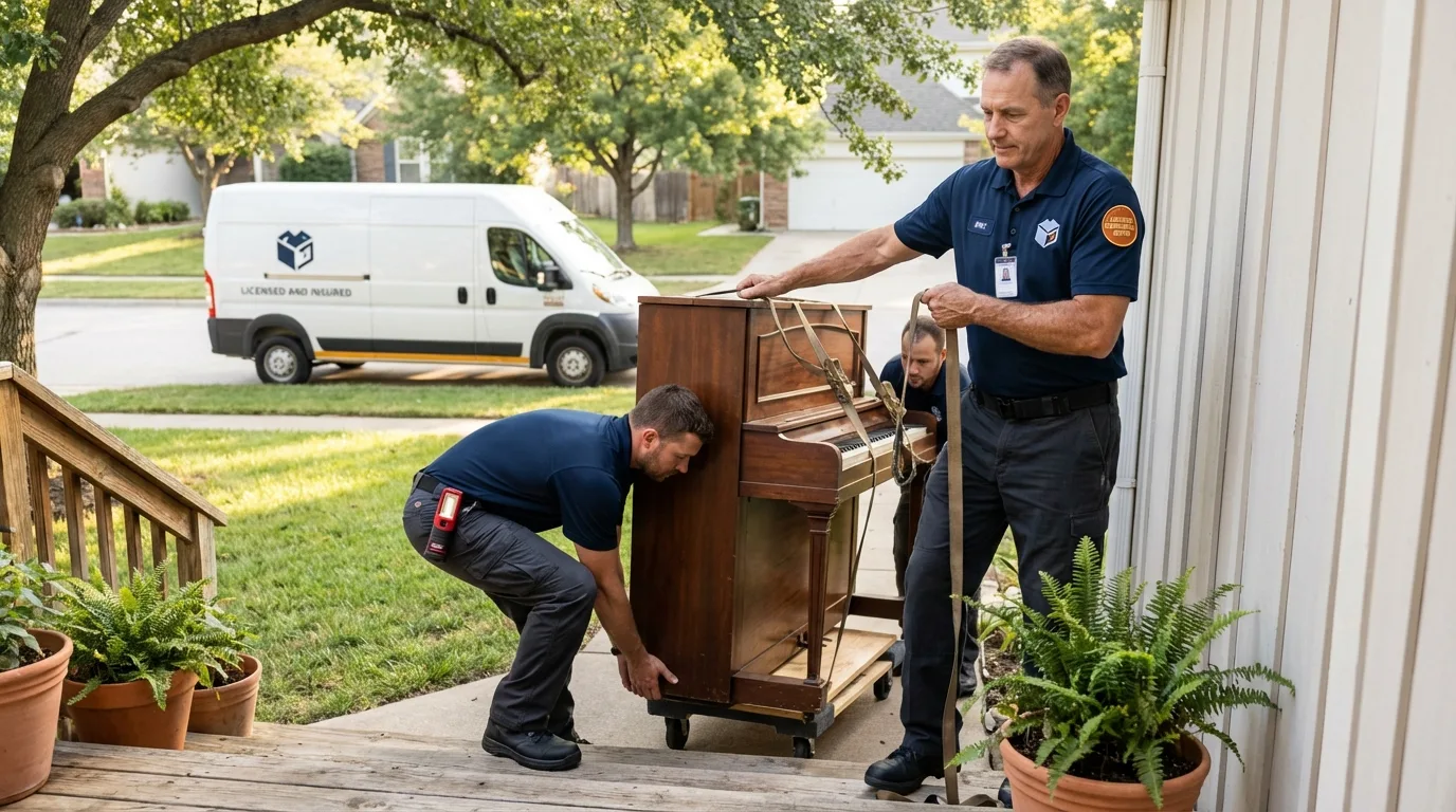 Licensed piano movers securing grand piano in Benton, LA
