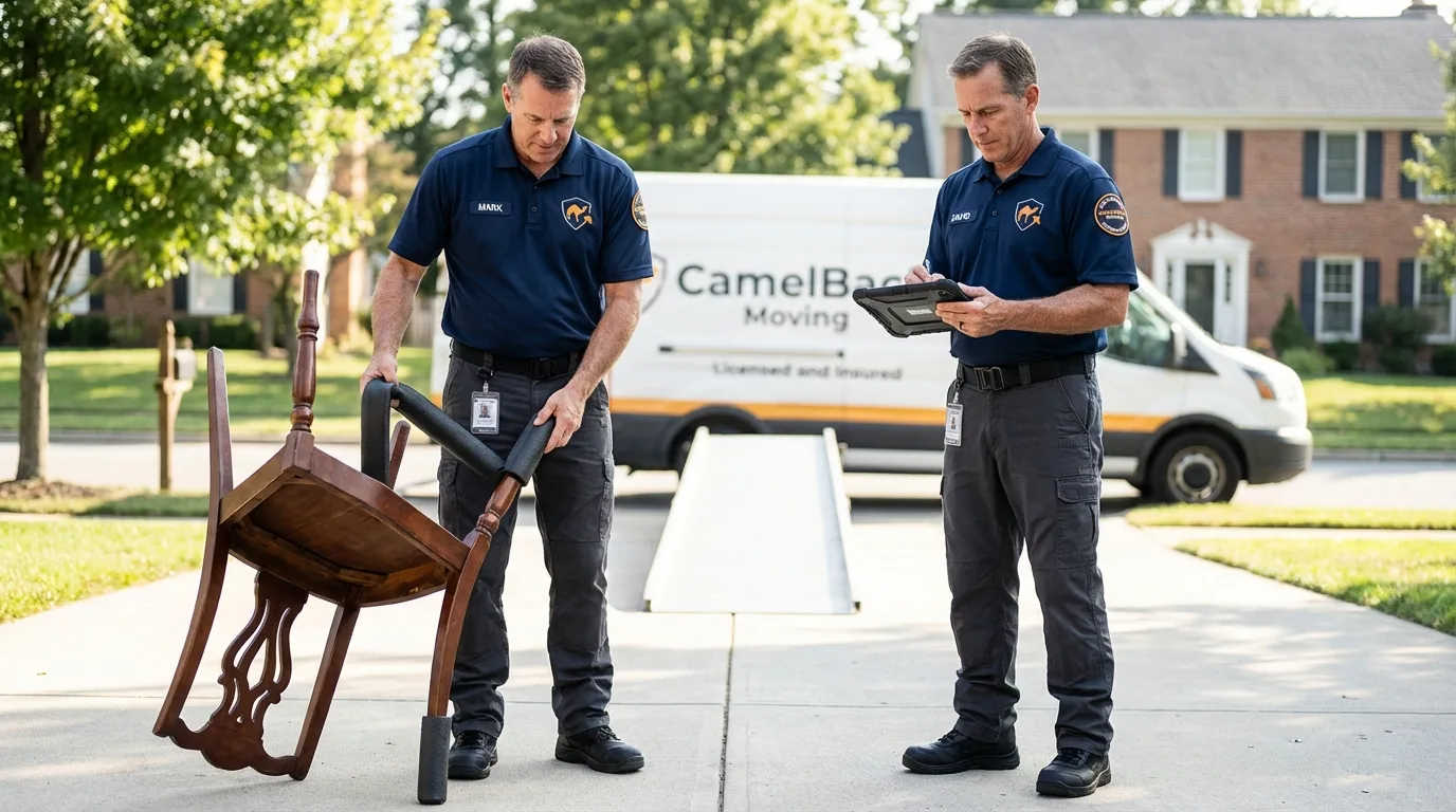 Movers inspecting furniture for damage prevention before loading in Benton, LA
