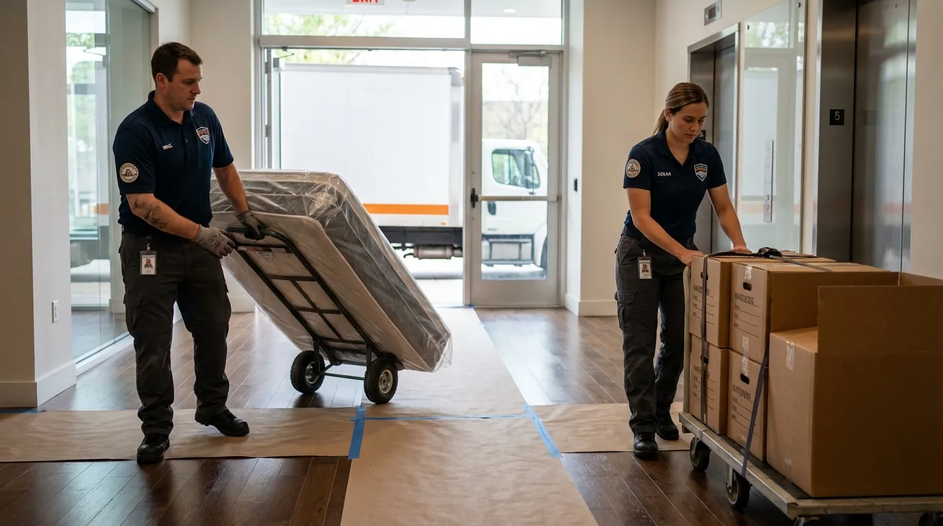 Professional apartment movers loading elevator in Benton, LA